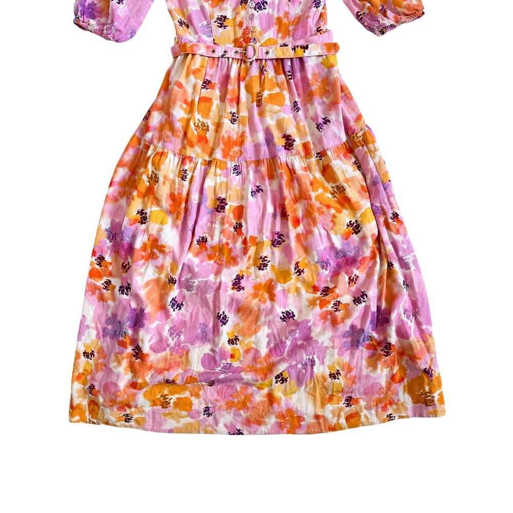 NICHOLAS Celie Floral Linen Blend Midi Dress Pink Orange Belted Size 8 - Picture 5 of 12